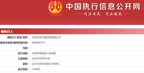 比特大陆新增被执行人信息 执行标的超23万元，牵涉计算机软硬件技术开发